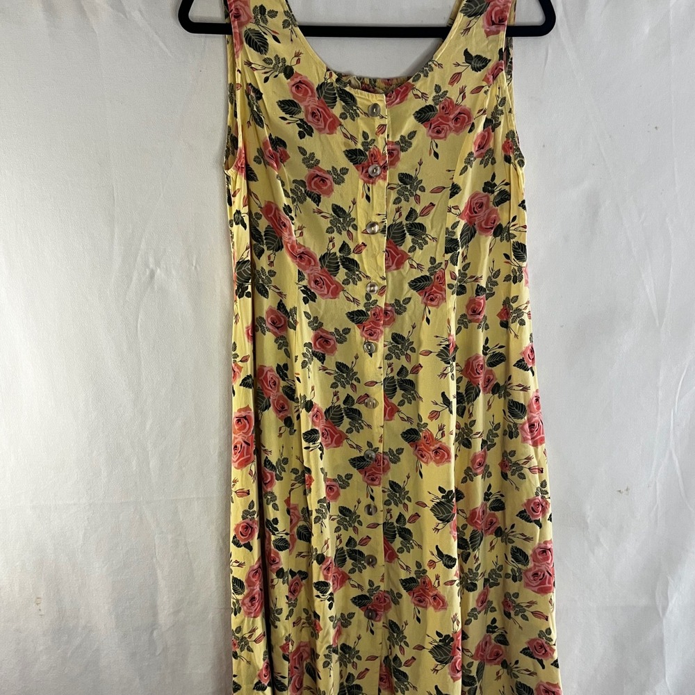 Vintage Koret Yellow Pink Rose Floral Rayon Button Front Smocked Back Sundress